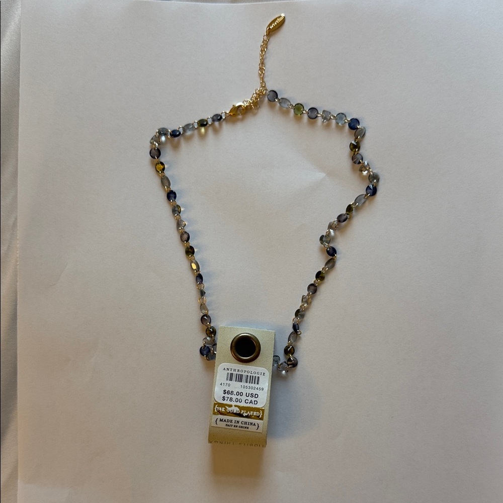 Anthropologie Shimmering Beaded Necklace in Blue, Gray & Gold NWT